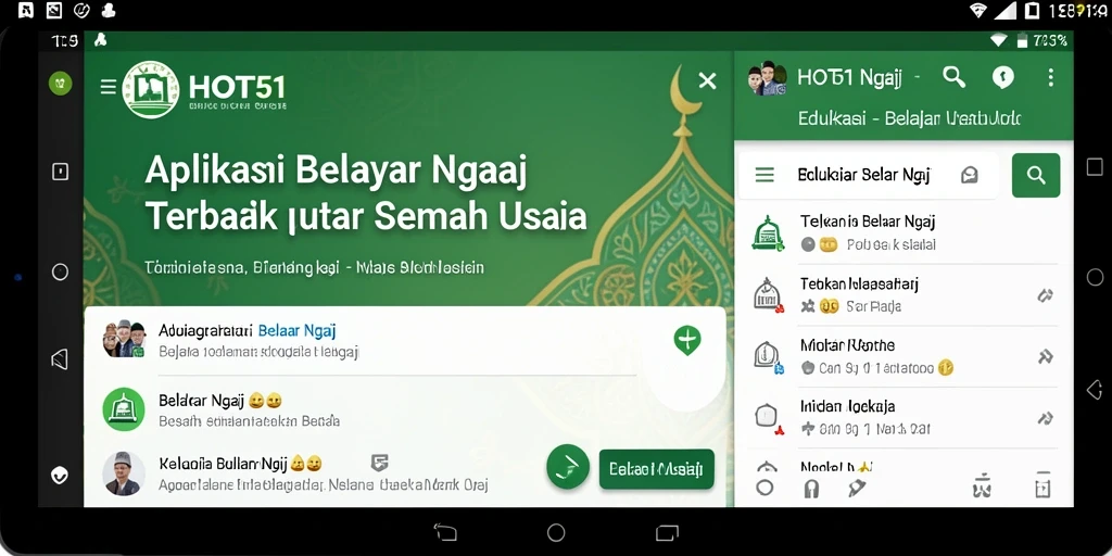 Antarmuka aplikasi HOT51 yang menarik dan intuitif untuk belajar ngaji.