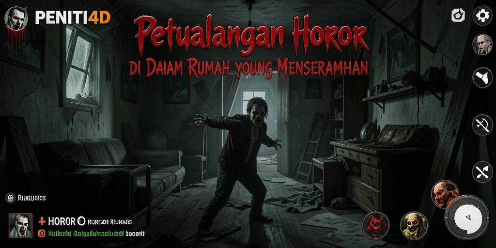 Tampilan utama dari game PENITI4D menunjukkan suasana horor yang mencekam dan menegangkan.